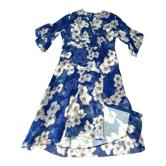 NWOT ELIE TAHARI Blue & White Floral Ruffle Sleeve Silk Dress Size 4 - Picture 6 of 10